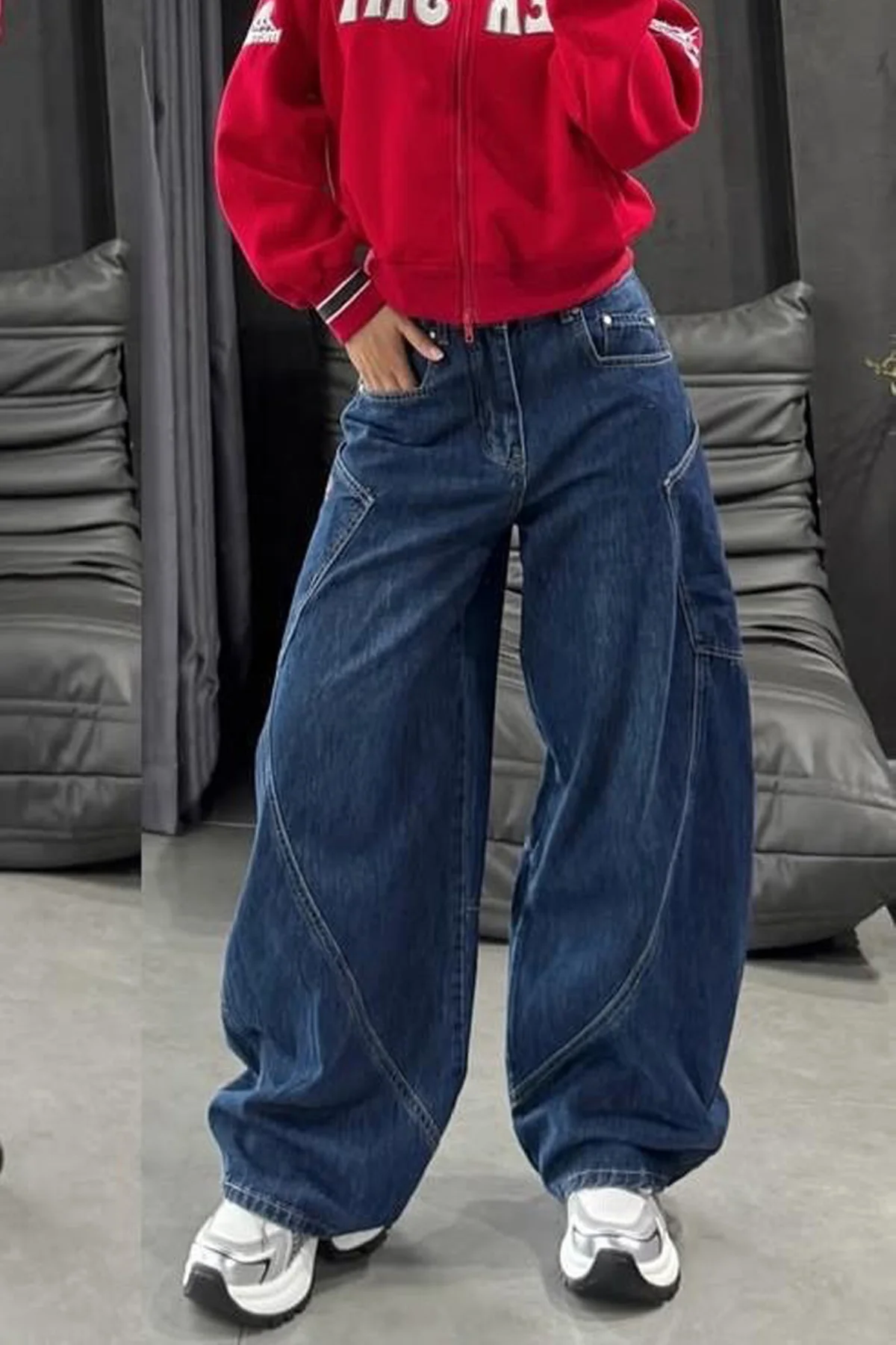 Y2K Street Bol Paça Denim Pantolon Cep Dikiş Detay Pantolon