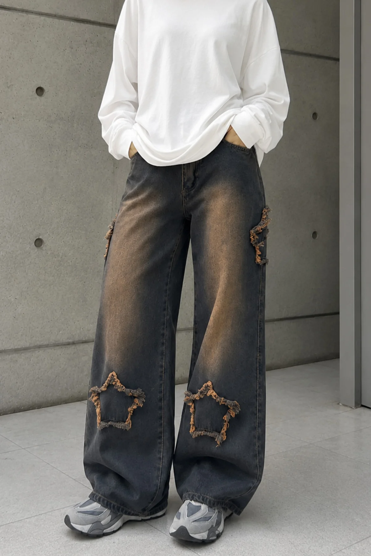 UNISEX Yıldız Aplikeli Bol Paça Jean Pantolon