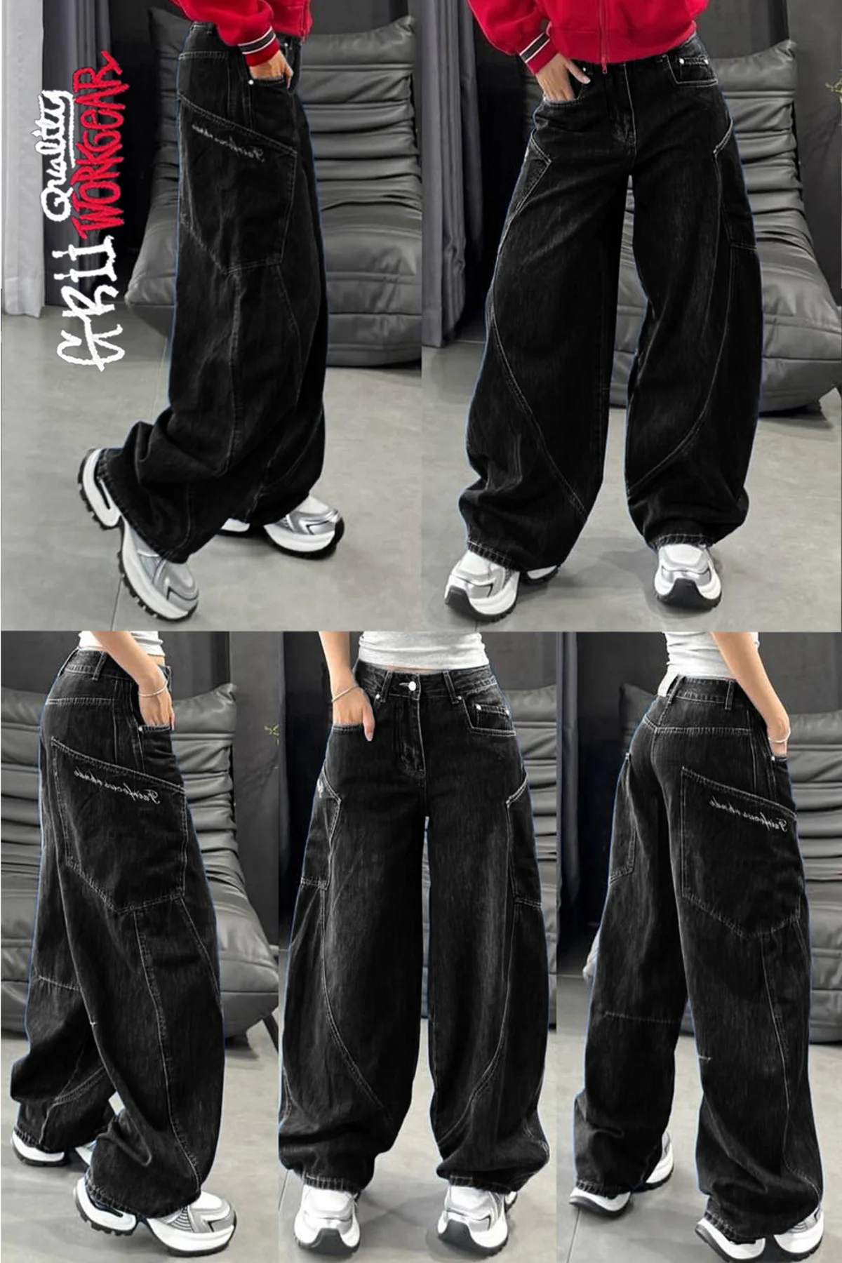 Y2k Yandan Cep Ön Yan Dikiş Detay Bol Paça Siyah Baggy Jean