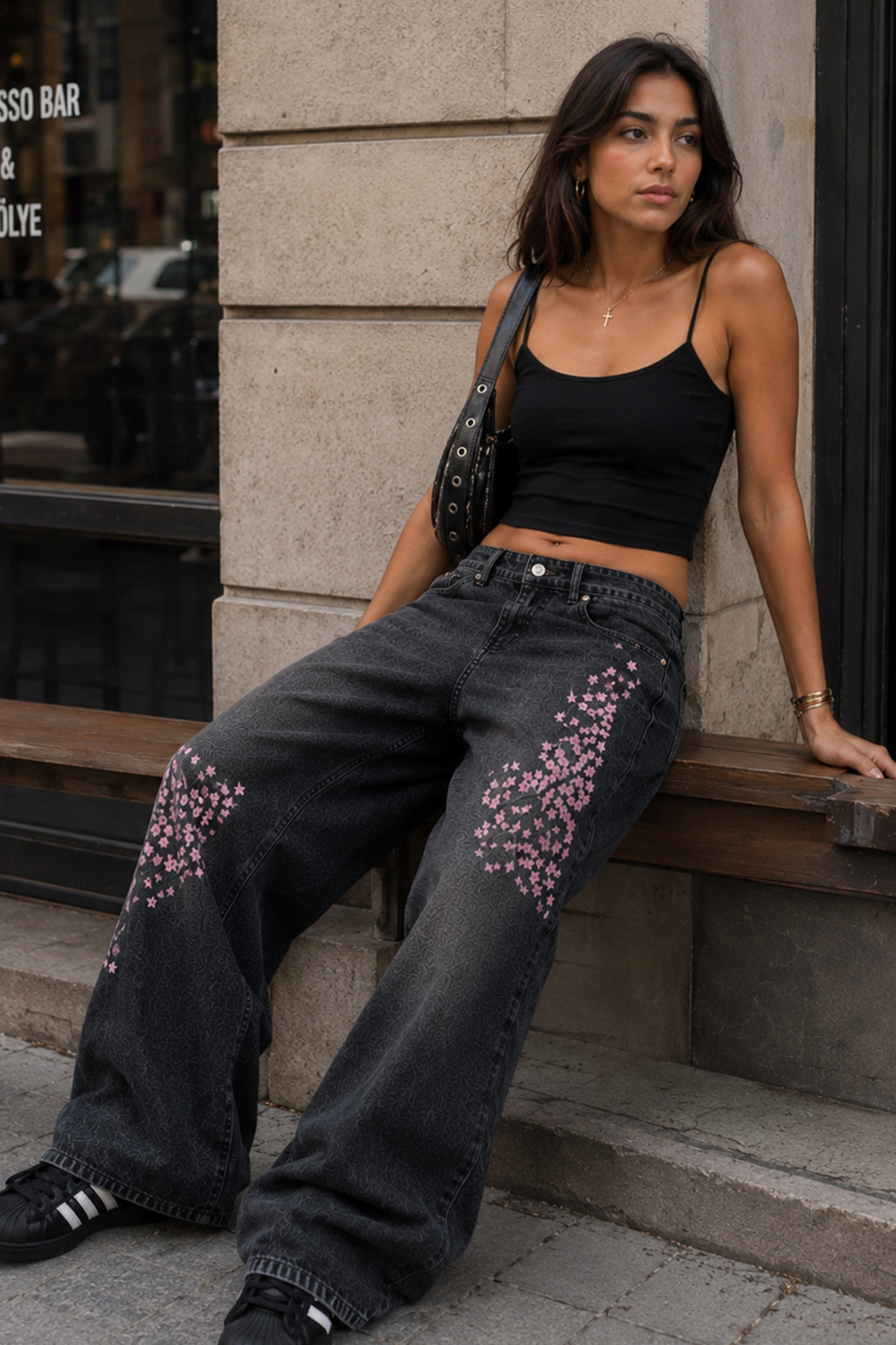 Unisex Pembe Çiçek Baskılı Oversize Baggy Jean Pantolon