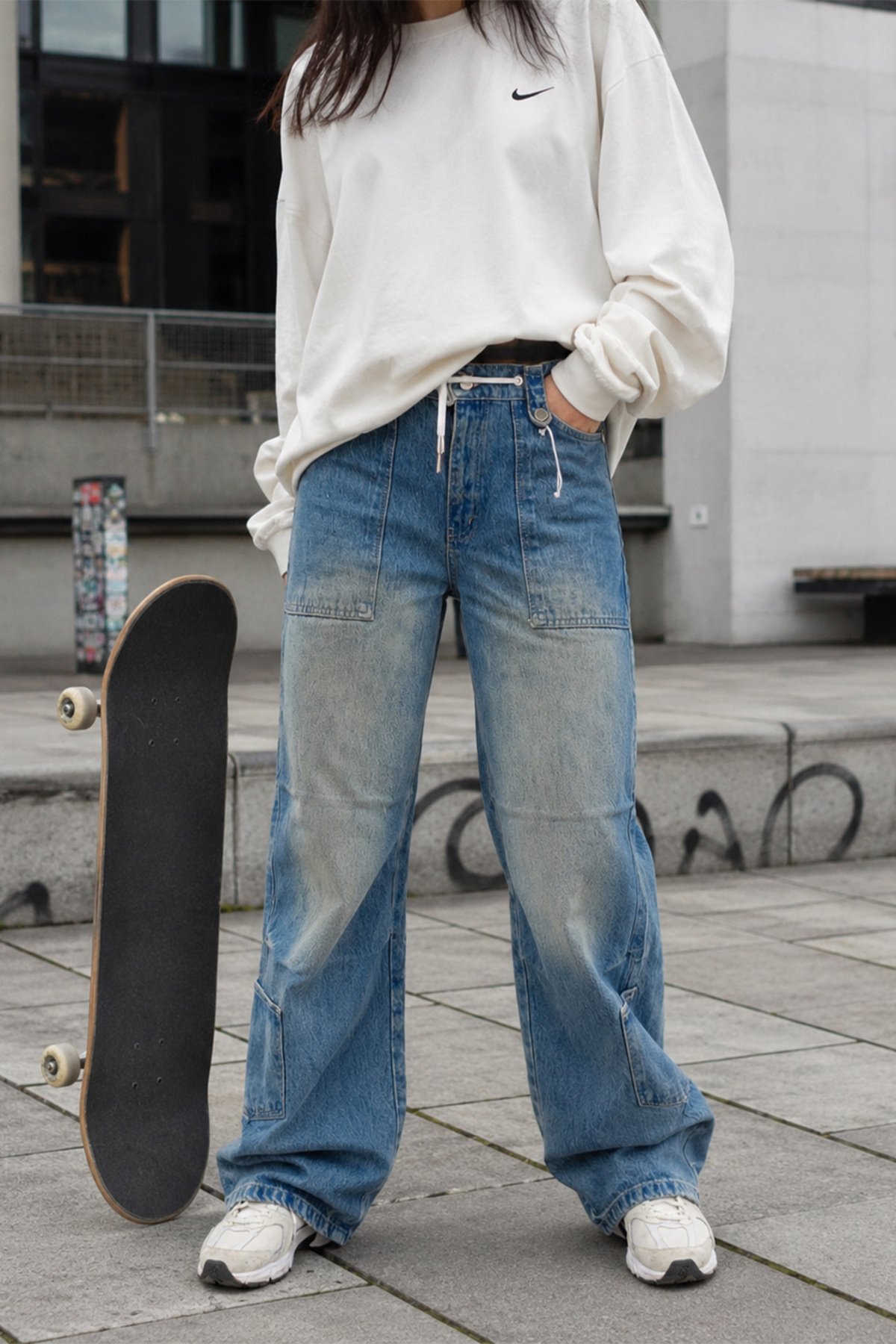 UNISEX Mavi Yıkamalı İp Kemer Detaylı Baggy Jean