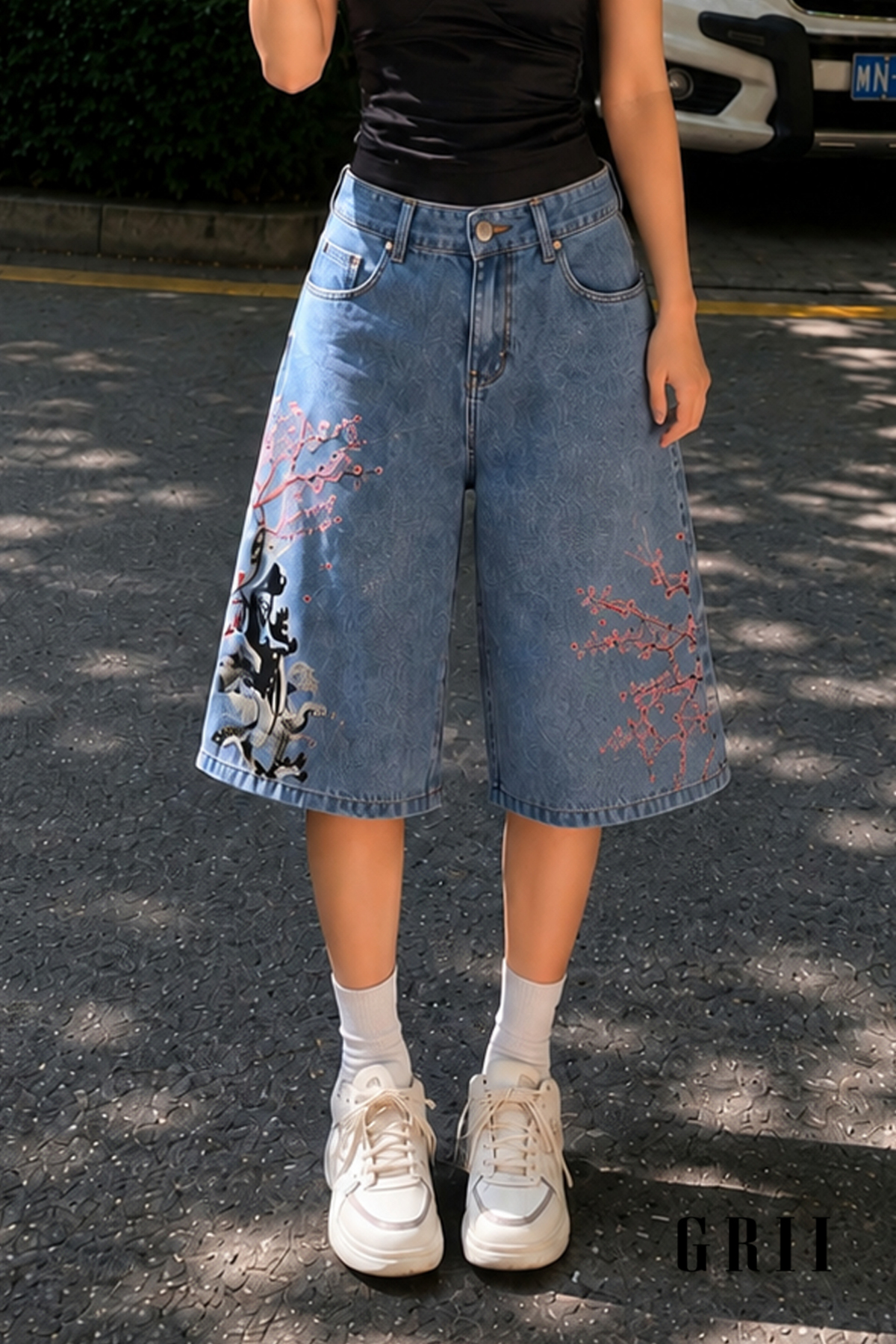 Unisex Y2K Sakura Kapri Nakişlı Bol Paça Oversize Denim Jort Bermuda Şort