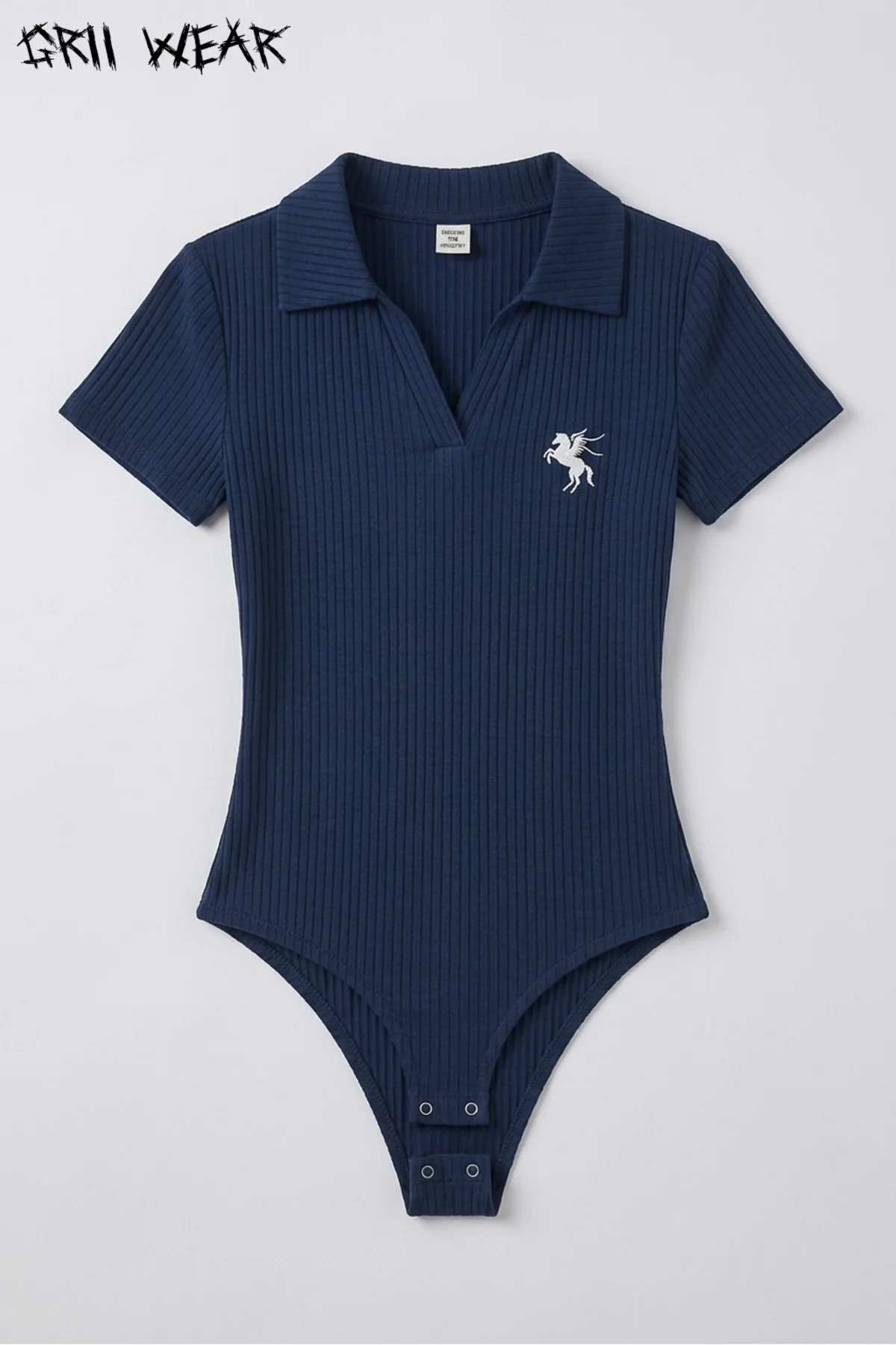 Polo Yaka Bodycone Nakış Detaylı Ribana Fitilli Likralı/Esnek Çıtçıtlı Body Zıbın