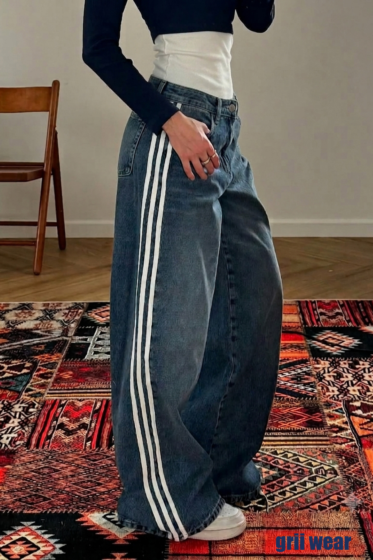 Unisex Mavi Yıkamalı Üç Şerit Baggy Jean Pantolon
