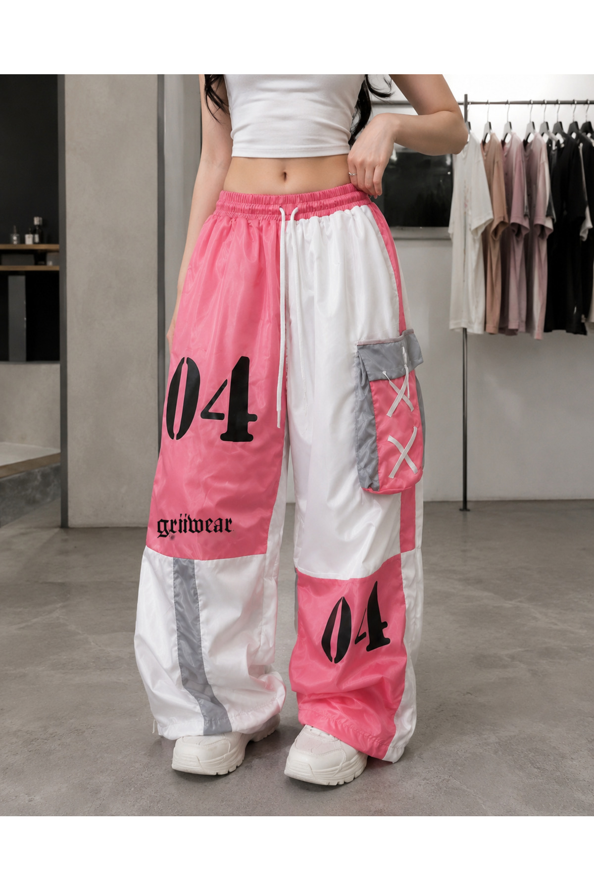 Unisex Renk Bloklu Baskılı Bol Paça Kargo Pantolon