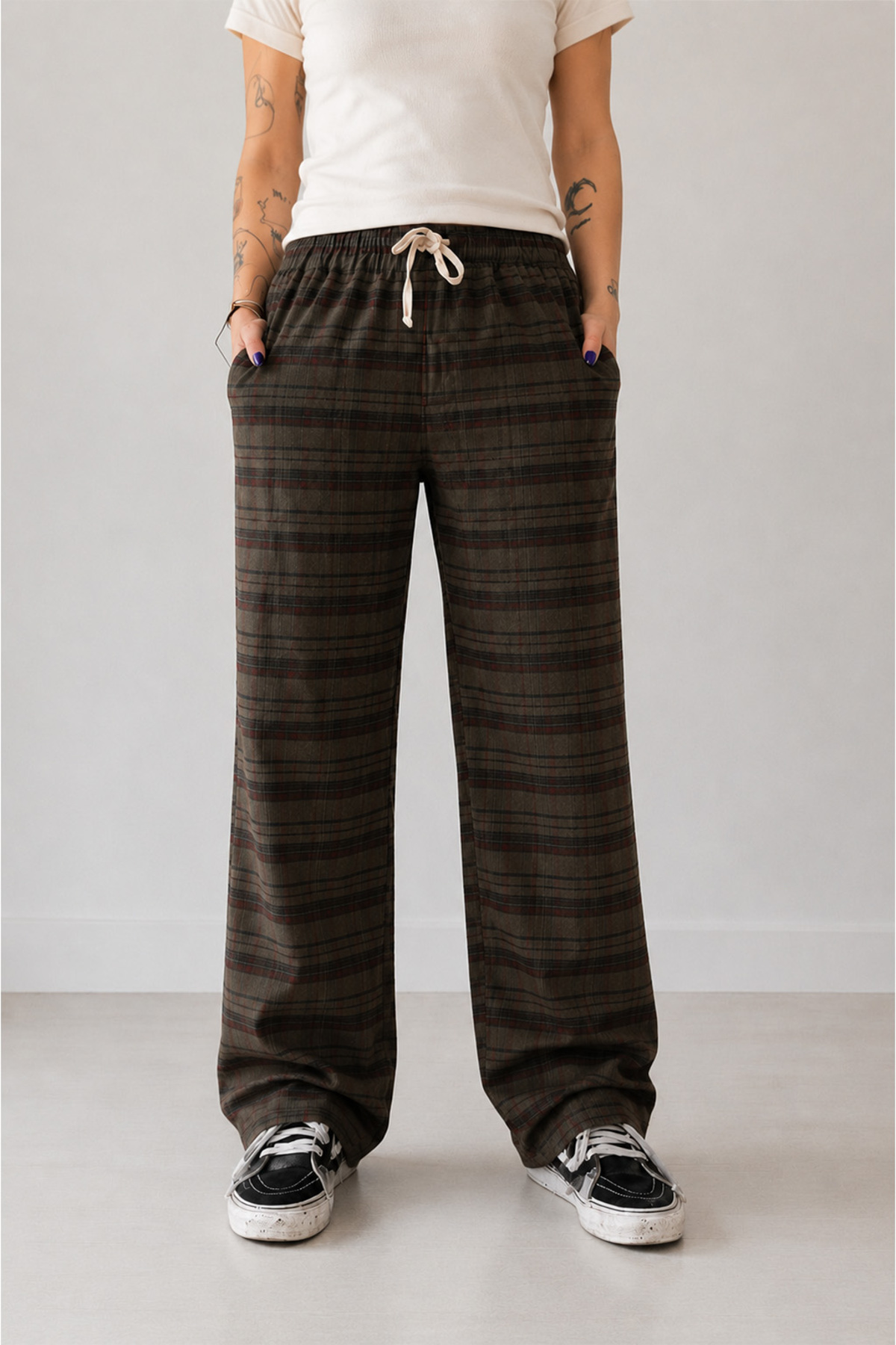 UNISEX Ekose Desenli Beli Lastikli Pantolon