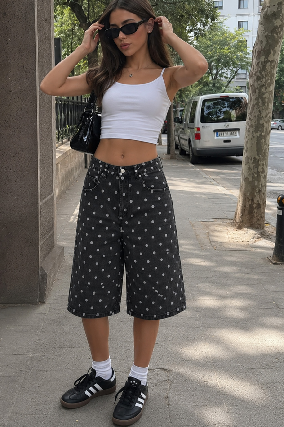 Kadın Yüksek Bel Puantiyeli Bol Paça Denim Kapri