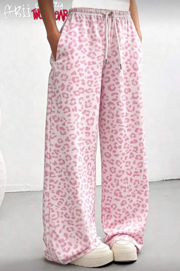 Kadın Pembe Leopar Desenli Baggy Eşofman Bol Paça Lastikli Bel Salaş Eşofman