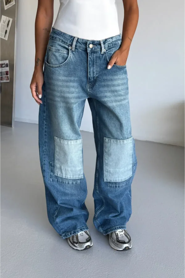 Unisex Cargo Patch Wide Jean Diz Yamalı Bol Relaxed Pantolon