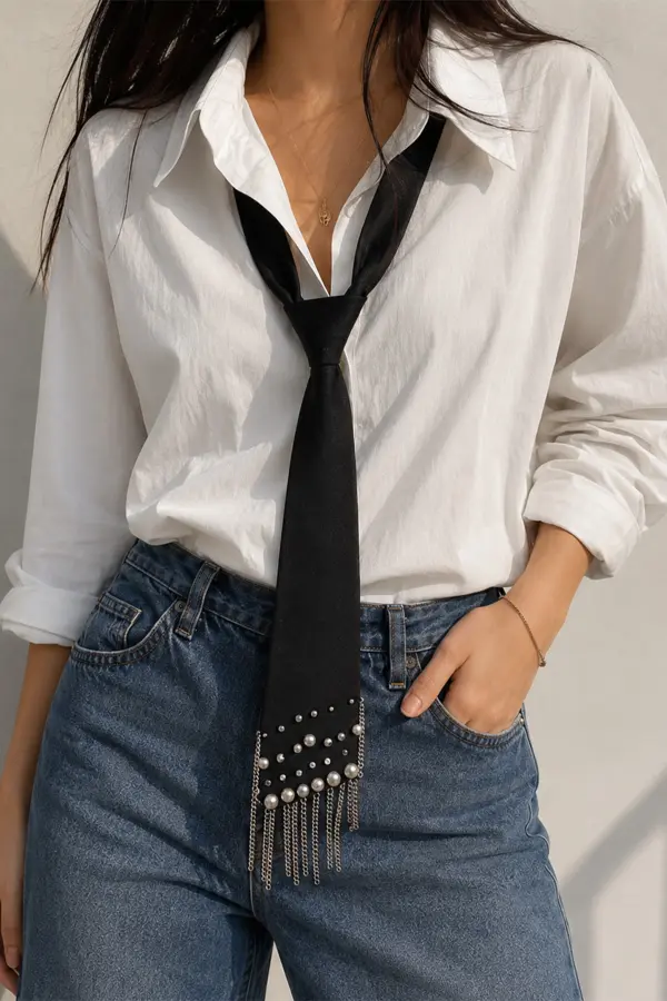 UNISEX Siyah İnci ve Zincir Detaylı Kravat