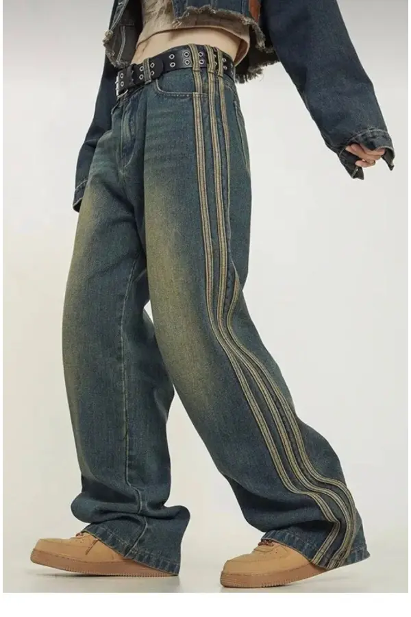 Y2k Eskitme Şerit Detay Yeşil Tint Yıkamalı Bol Baggy Jean Vintega - Eskitme / Yeşil