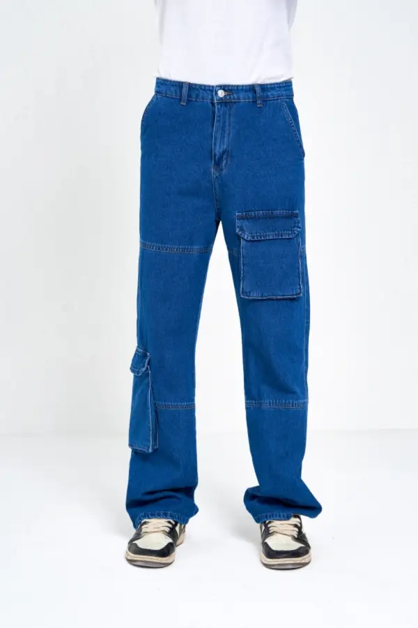 Y2k Unisex Körüklü Ön Yan Cep Dikiş Detay Mavi Kot Jean