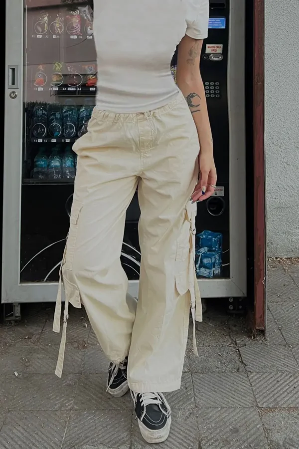 Unisex Bej Yüksek Bel Cepli Cargo Pantolon Lastikli Bel Paça