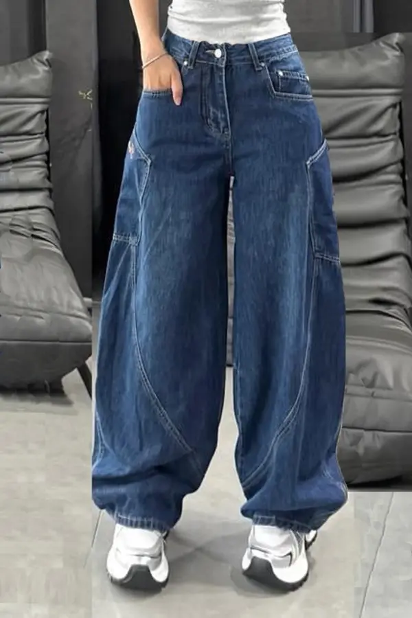 Y2k Yandan Cep Ön Yan Dikiş Detay Bol Paça Mavi Baggy Jean