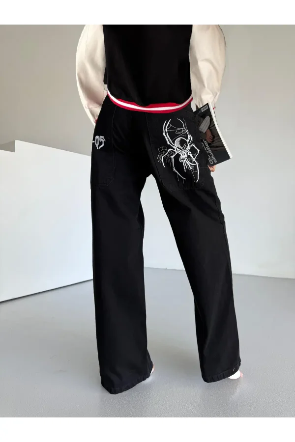 Unisex Blaka-05 Siyah Örümcek Nakış Detaylı Bol Paça Jean