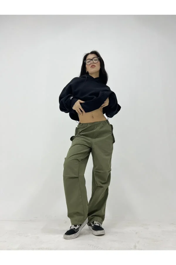 Beli Paçası Ayarlanabilir Lastikli Haki Yeşil Paraşüt Pantolon Iı Unisex Baggy Tactical Parachute ,