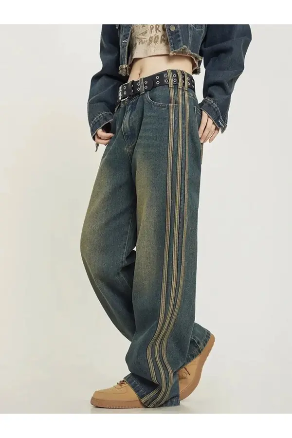 Eskitme Şerit Detaylı Mavi Baggy jean