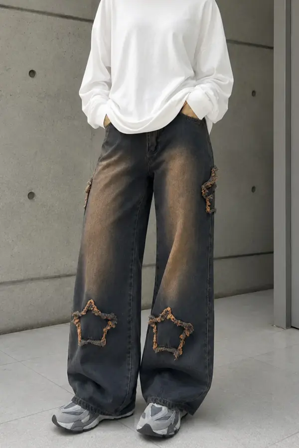 UNISEX Yıldız Aplikeli Bol Paça Jean Pantolon