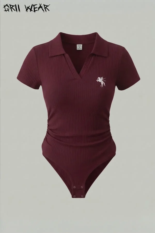 Polo Yaka Bodycone Nakış Detaylı Ribana Fitilli Likralı/Esnek Çıtçıtlı Body Zıbın