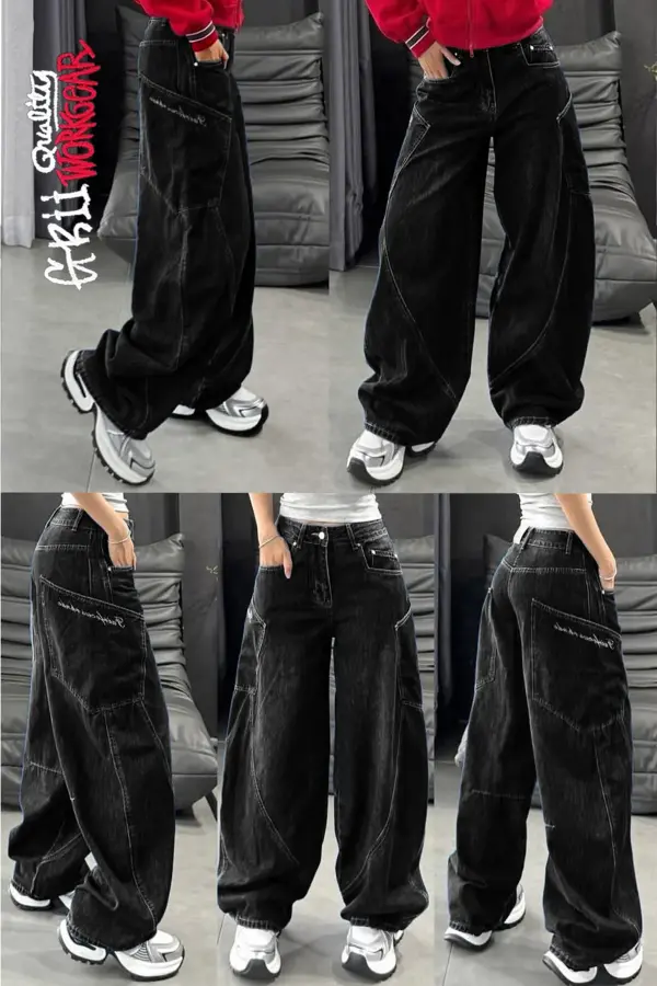 Y2k Yandan Cep Ön Yan Dikiş Detay Bol Paça Siyah Baggy Jean