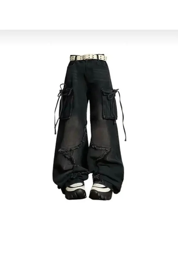 Y2K Vintage Wide Leg Jean Bol Paça Kot Pantolon Cep İp Detay