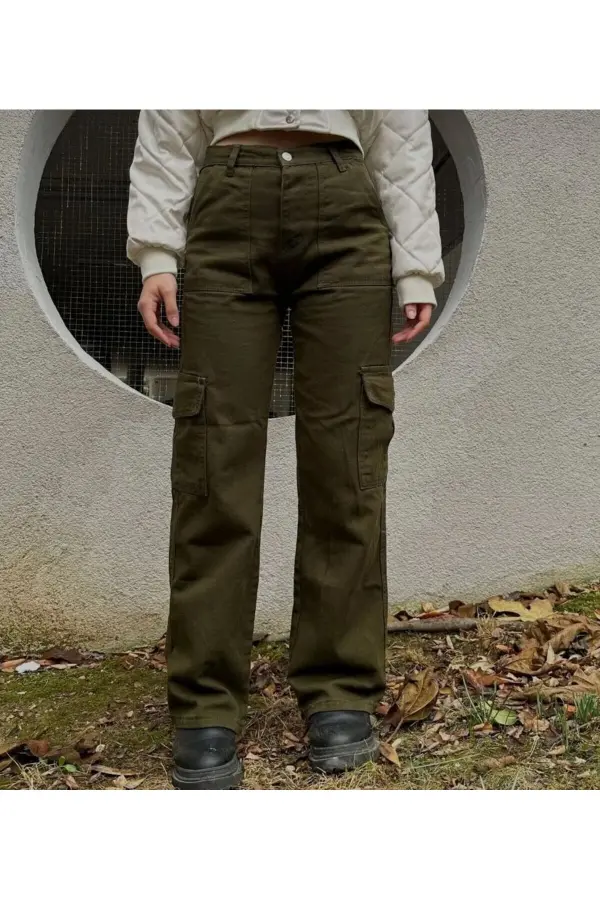 Kadın Baggy Wide Leg Regular Fit Haki Kargo Cep Detay Bol Geniş Paça Jean Pantolon