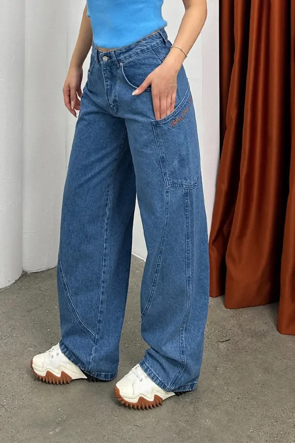 Y2K Street Bol Paça Denim Pantolon Cep Dikiş Detay Pantolon