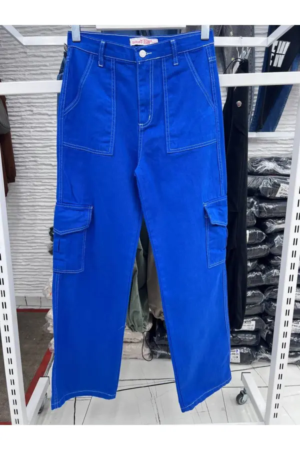 Kadın Baggy Wide Leg Regular Fit Saks Mavi Kargo Cep Detay Geniş Paça Jean Pantolon