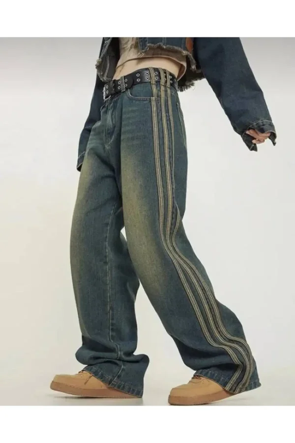 Eskitme Şerit Detaylı Mavi Baggy jean