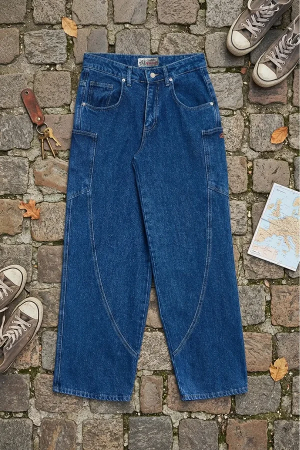Unisex Baggy Fit Kargo Denim Pantolon