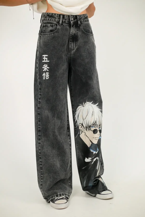 Siyah Yıkamalı Bol Baggy Jujutsu Kiasen Satoru Gojo jean Pantolon Y2K