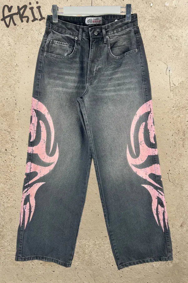 Unisex Baggy Jean Tribal Baskılı Geniş Paça Kot Pantolon (Sökülmez Kaliteli Baskılı)