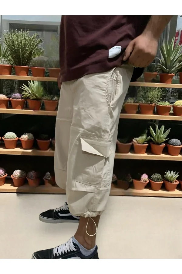 Unisex Bej Gabardin Kumaş Kargo Cep Bel Paça Lastikli Kapri Diz Altı