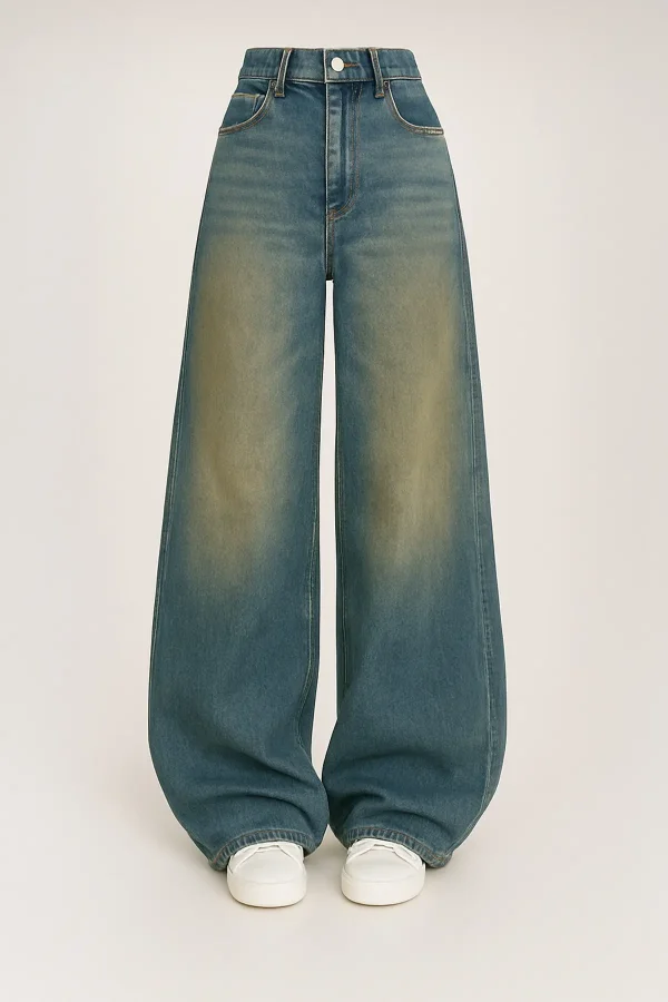 Yeşil Vintage Yıkamalı Bol Paça Baggy Jean Pantolon Rotro