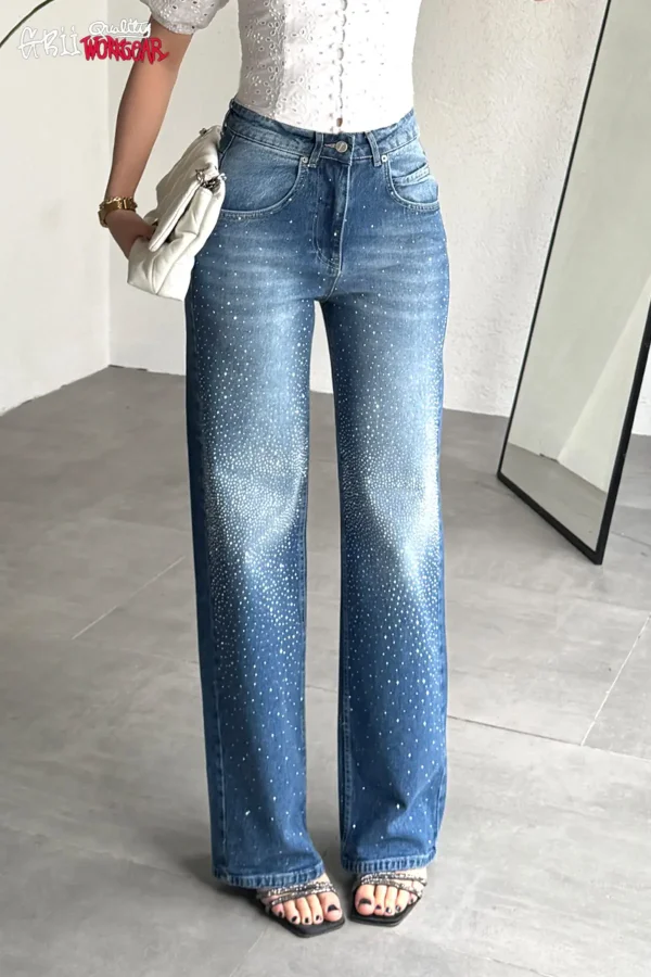 Kristal Taşlı Yüksek Bel Wide Leg Baggy Jean Mevsimlik Kumaş