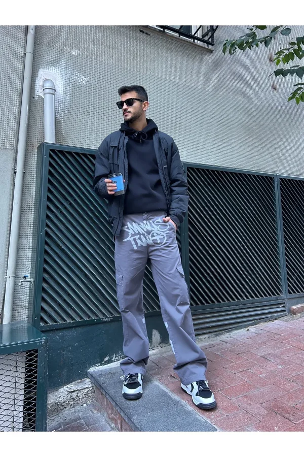 Y2k Unisex Grunge Baggy Baskılı Lastikli Ayarlanabilir Bel Paça Kar Cep Pantolon Jean