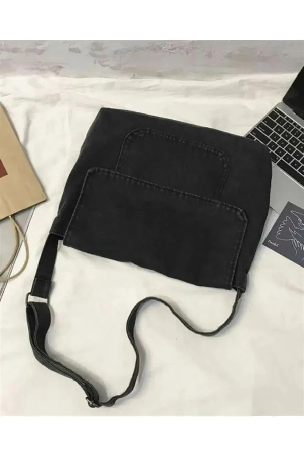 Vintage Unisex Kot Siyah - Gri Renkli Iç Hacmi Geniş Postacı Çantası
